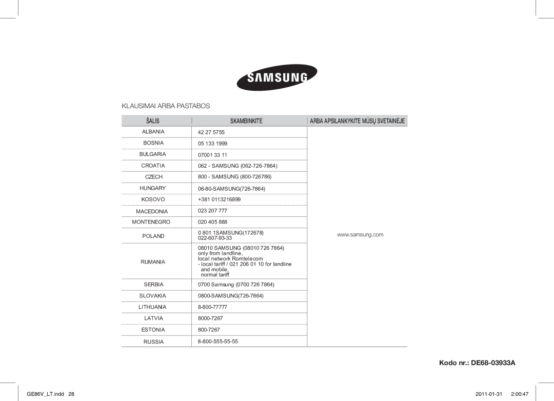 Samsung GE86V-BB/BAL, GE86V-WW/BAL manual Kodo nr. DE68-03933A, Skambinkite 