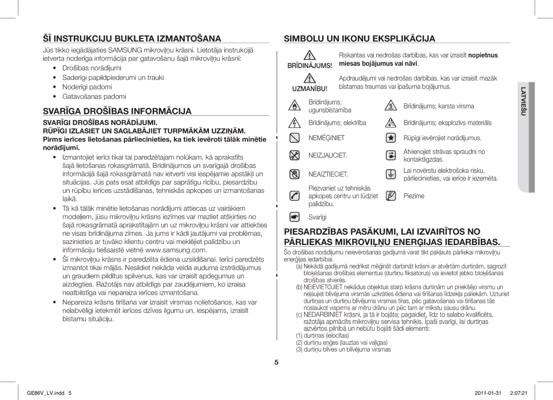 Samsung GE86V-WW/BAL manual ŠĪ Instrukciju Bukleta Izmantošana, Svarīga Drošības Informācija, Simbolu UN Ikonu Eksplikācija 