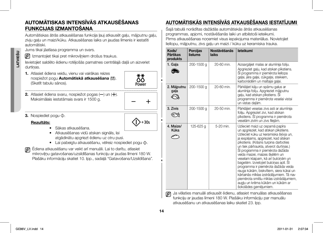 Samsung GE86V-BB/BAL manual Automātiskas Intensīvās Atkausēšanas Funkcijas Izmantošana, Rezultāts, Sākas atkausēšana 