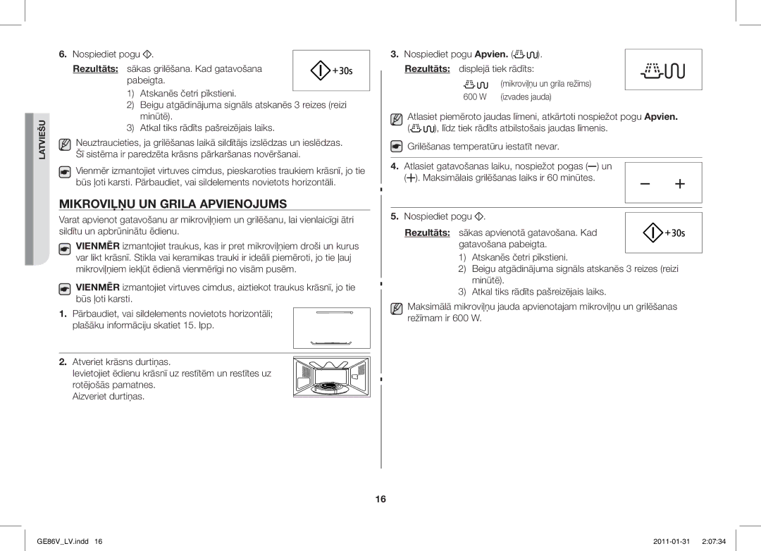 Samsung GE86V-BB/BAL, GE86V-WW/BAL manual Mikroviļņu UN Grila Apvienojums, Mikroviļņu un grila režīms 600 W izvades jauda 