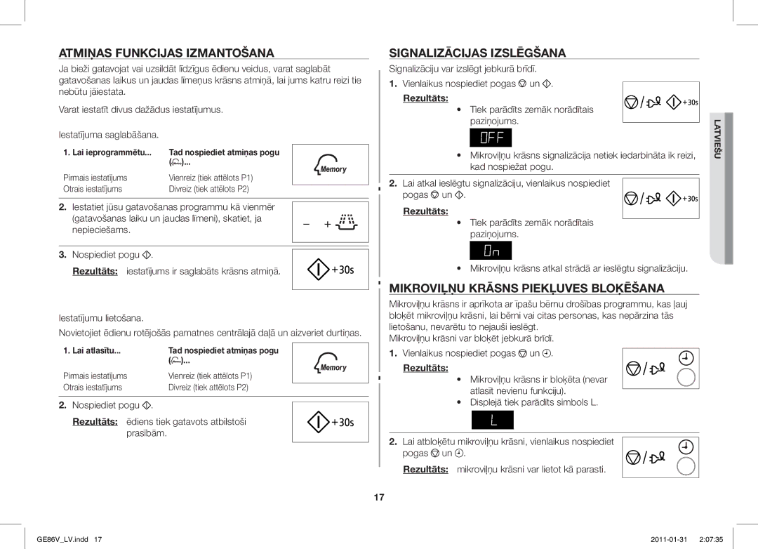 Samsung GE86V-WW/BAL manual Atmiņas Funkcijas Izmantošana, Signalizācijas Izslēgšana, Mikroviļņu Krāsns Piekļuves Bloķēšana 