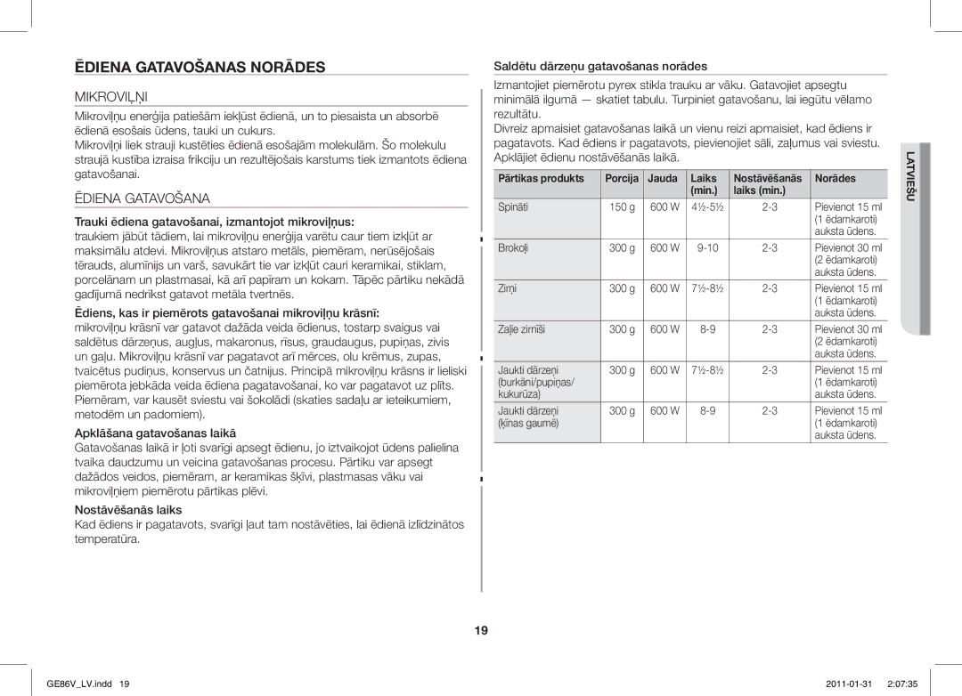 Samsung GE86V-WW/BAL, GE86V-BB/BAL manual Ēdiena Gatavošanas Norādes, Mikroviļņi 