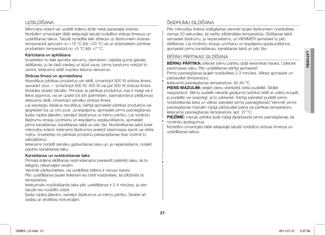 Samsung GE86V-WW/BAL, GE86V-BB/BAL manual Uzsildīšana, Šķidrumu Sildīšana, Bērnu Pārtikas Sildīšana 