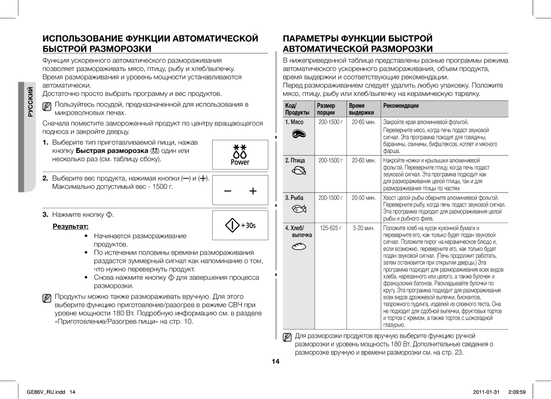 Samsung GE86V-BB/BAL, GE86V-WW/BAL manual Использование Функции Автоматической Быстрой Разморозки, Результат 