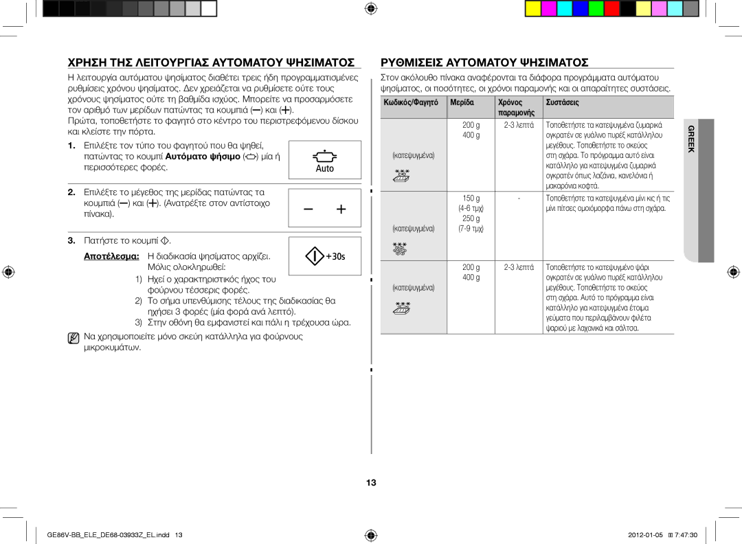 Samsung GE86V-BB/ELE manual Χρήση της λειτουργίας αυτόματου ψησίματος, Ρυθμίσεις αυτόματου ψησίματος 