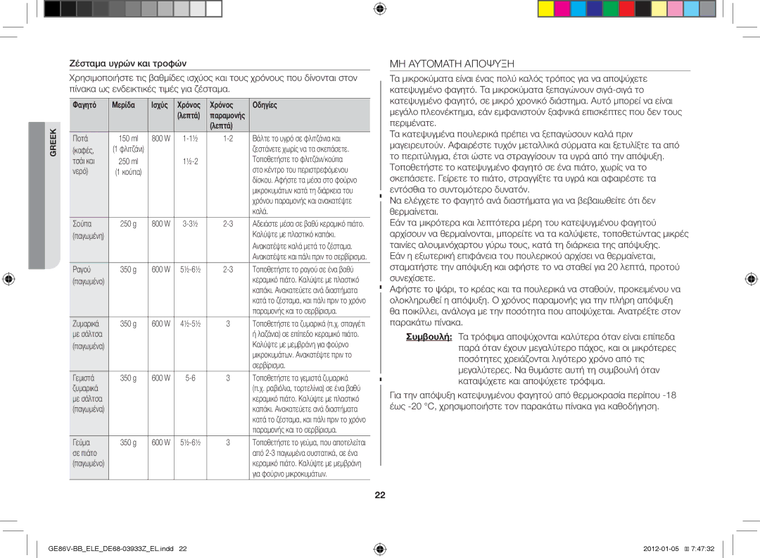 Samsung GE86V-BB/ELE manual ΜΗ Αυτοματη Αποψυξη, Φαγητό Μερίδα Ισχύς 