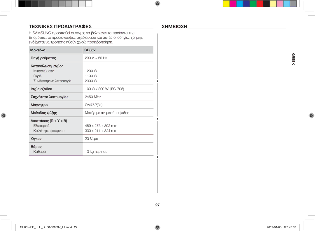 Samsung GE86V-BB/ELE manual Τεχνικές προδιαγραφές, Μοντέλο 