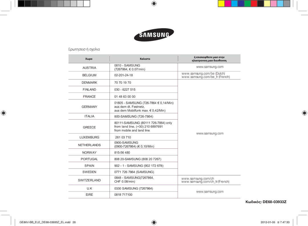 Samsung GE86V-BB/ELE manual Κωδικός DE68-03933Z 