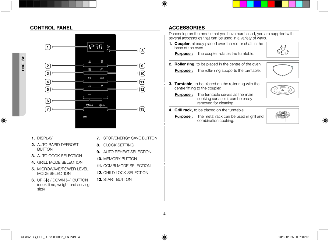 Samsung GE86V-BB/ELE manual Control panel, Accessories, UP / Down Button cook time, weight and serving size 