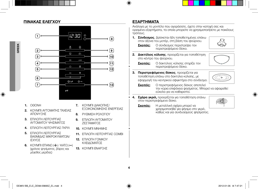 Samsung GE86V-BB/ELE manual Πίνακας ελέγχου, Εξαρτήματα, Μέγεθος μερίδας, Χρόνος ψησίματος, βάρος και 