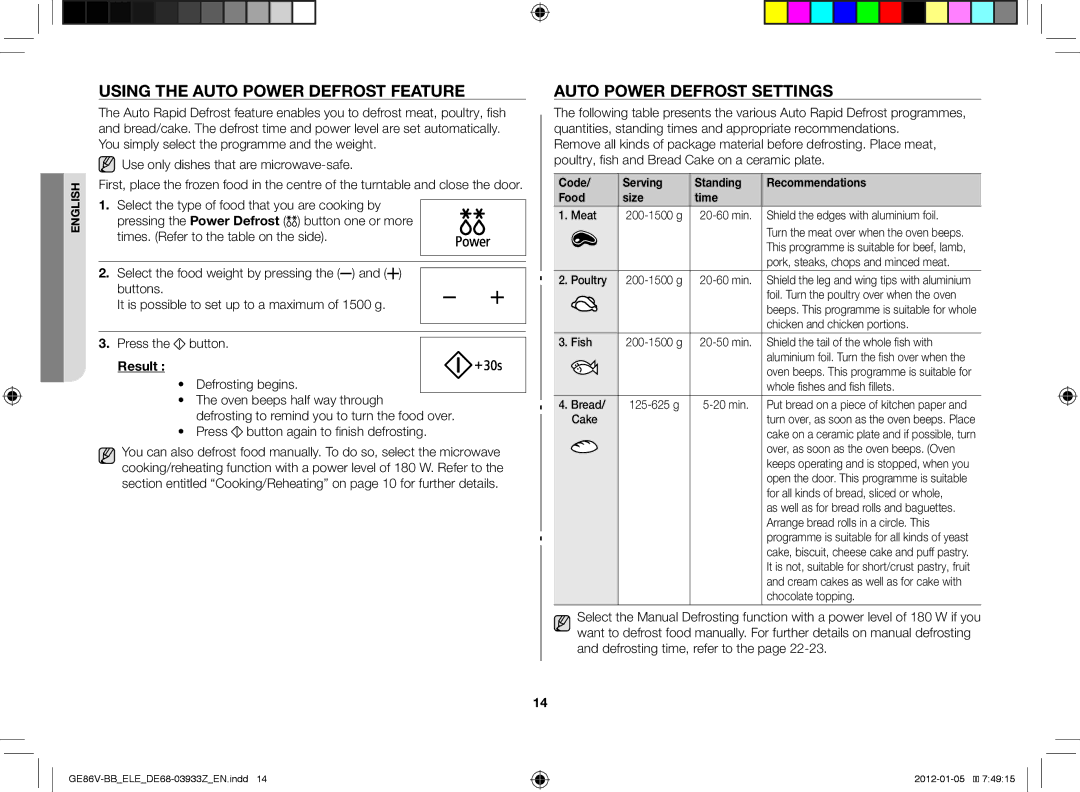 Samsung GE86V-BB/ELE manual Using the auto power defrost feature, Auto power defrost settings 