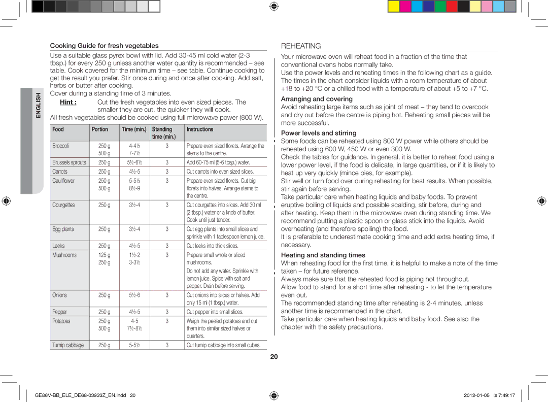 Samsung GE86V-BB/ELE manual Reheating, Food Portion, Standing Instructions Time min 