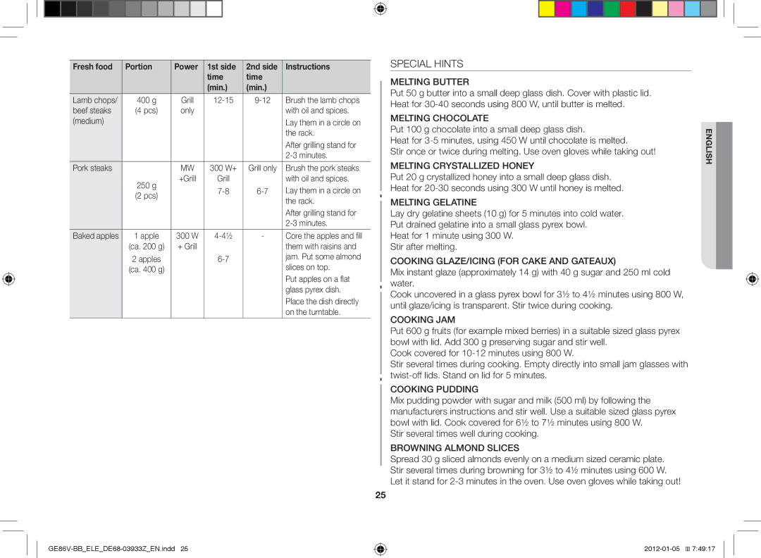 Samsung GE86V-BB/ELE manual Special Hints, Stir several times well during cooking, Fresh food Portion Power 1st side 