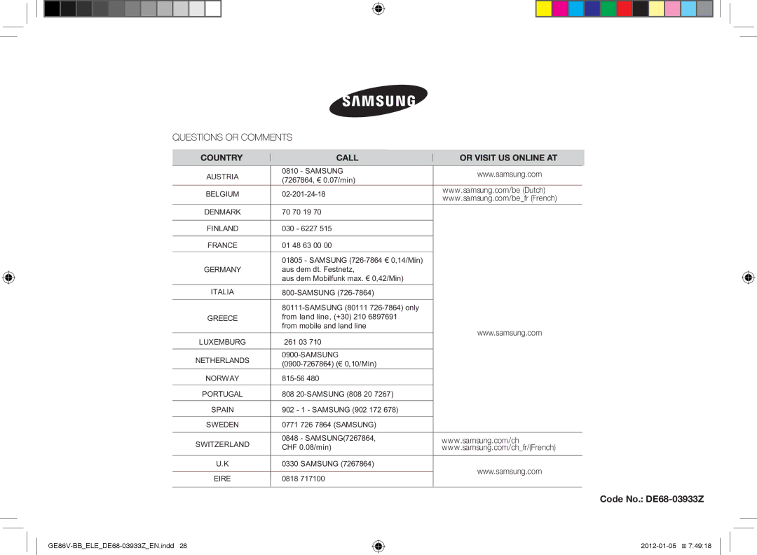 Samsung GE86V-BB/ELE manual Code No. DE68-03933Z 