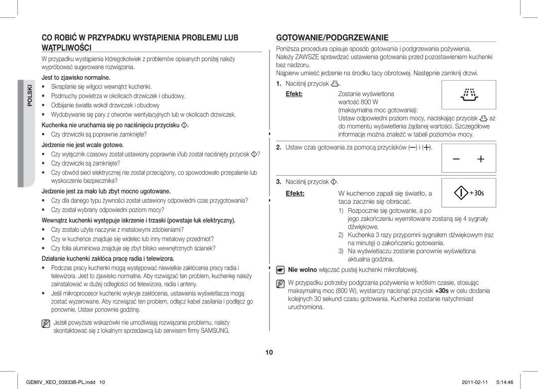 Samsung GE86V-BB/XEO, GE86V-SS/BOL manual CO Robić W Przypadku Wystąpienia Problemu LUB Wątpliwości, Gotowanie/Podgrzewanie 