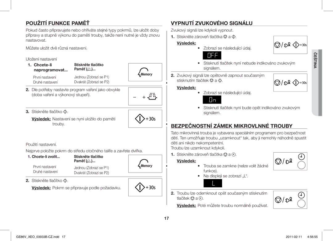 Samsung GE86V-SS/XEO Použití Funkce Paměť, Vypnutí Zvukového Signálu, Bezpečnostní Zámek Mikrovlnné Trouby, Chcete-li 