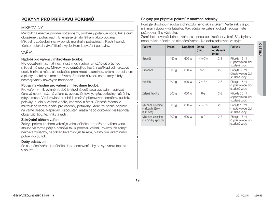 Samsung GE86V-BB/XEO, GE86V-SS/BOL Pokyny PRO Přípravu Pokrmů, Mikrovlny, Vaření, Pokrm Porce, Doba Pokyny Min Odstavení 