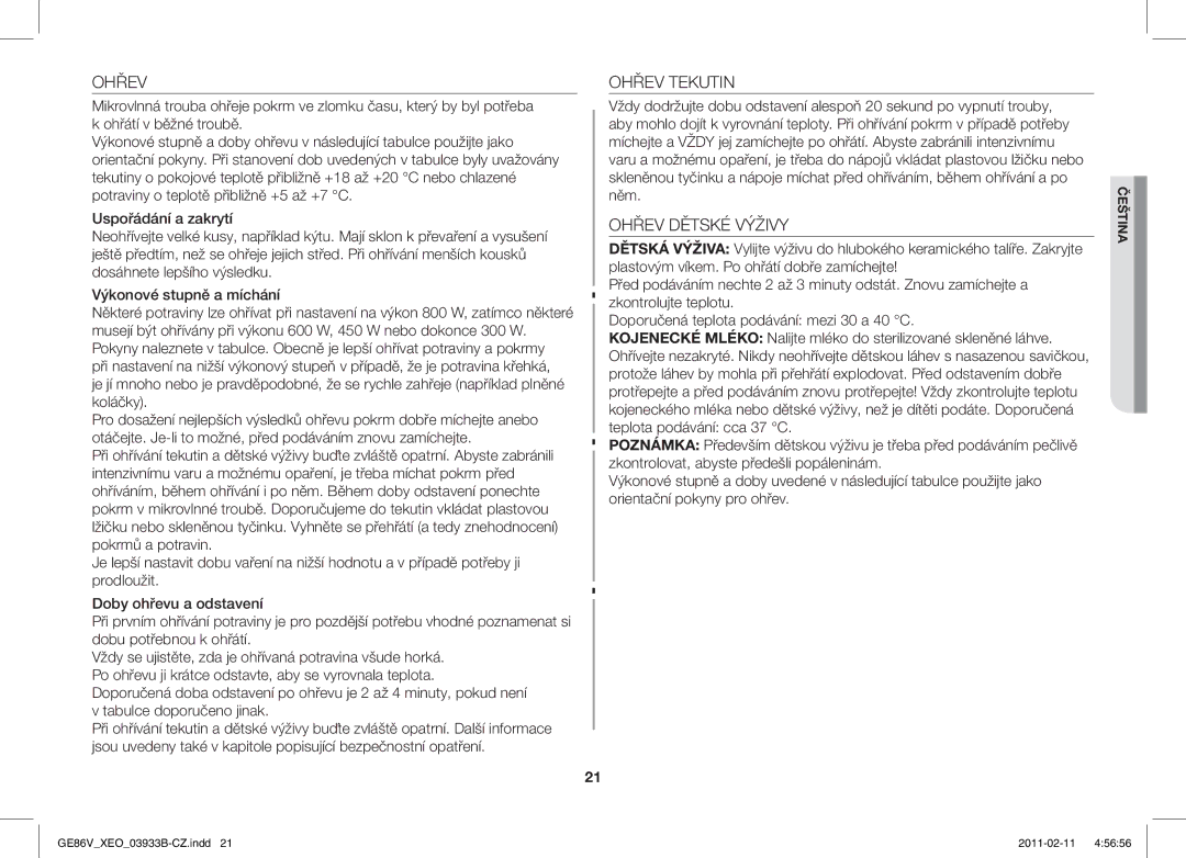 Samsung GE86V-SS/BOL, GE86V-BB/XEO, GE86V-SS/XEO manual Ohřev Tekutin, Ohřev Dětské Výživy 