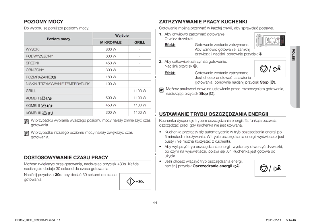 Samsung GE86V-SS/XEO, GE86V-SS/BOL manual Poziomy Mocy, Dostosowywanie Czasu Pracy, Zatrzymywanie Pracy Kuchenki, Efekt 