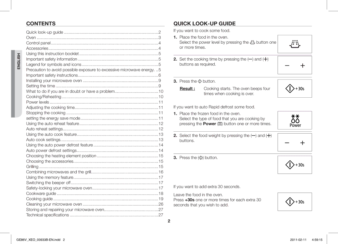 Samsung GE86V-SS/BOL, GE86V-BB/XEO, GE86V-SS/XEO manual Contents, Quick LOOK-UP Guide 