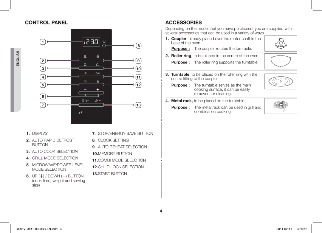 Samsung GE86V-SS/XEO, GE86V-SS/BOL manual Control Panel, Accessories, UP / Down Button cook time, weight and serving size 