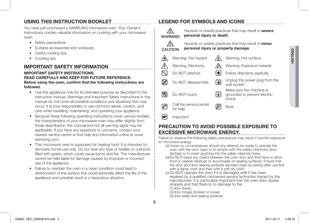 Samsung GE86V-SS/BOL Using this Instruction Booklet, Important Safety Information, Personal injury or property damage 