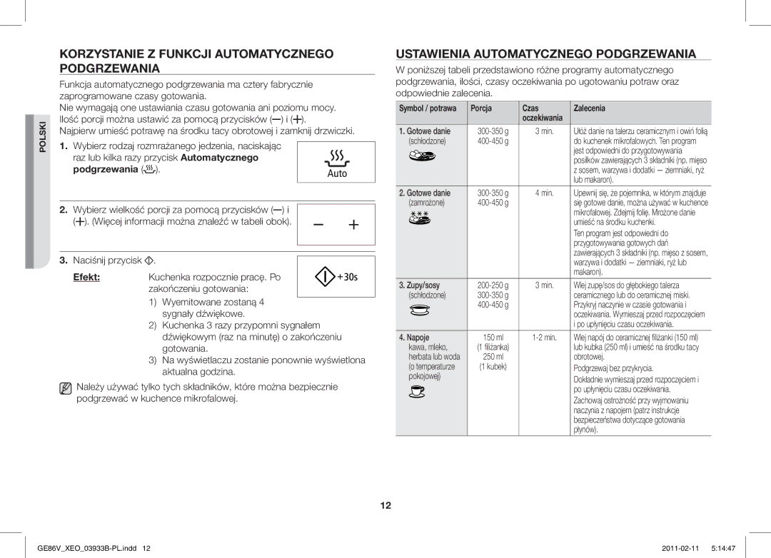 Samsung GE86V-SS/BOL manual Korzystanie Z Funkcji Automatycznego Podgrzewania, Ustawienia Automatycznego Podgrzewania 