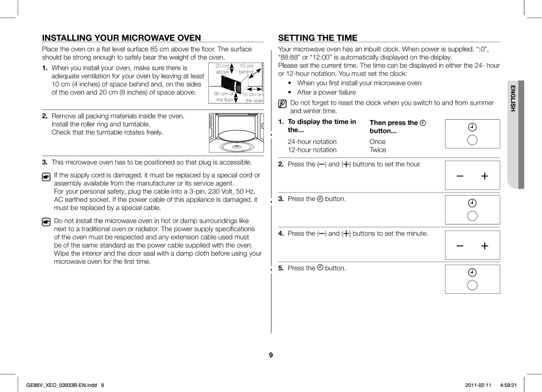 Samsung GE86V-BB/XEO manual Installing Your Microwave Oven, Setting the Time, To display the time Then press Button, Press 