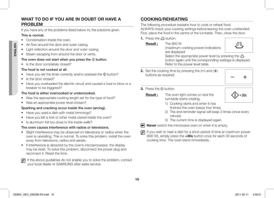 Samsung GE86V-SS/XEO, GE86V-SS/BOL manual What to do if YOU are in Doubt or have a Problem, Cooking/Reheating, Result 