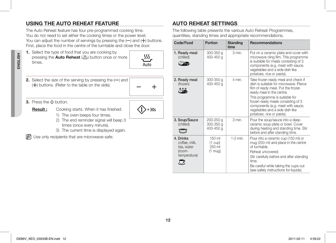 Samsung GE86V-BB/XEO Using the Auto Reheat Feature, Auto Reheat Settings, Code/Food Portion Standing Recommendations Time 