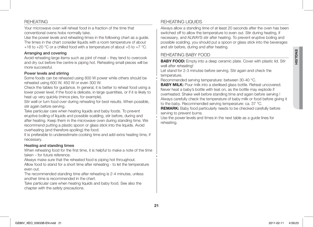 Samsung GE86V-BB/XEO, GE86V-SS/BOL, GE86V-SS/XEO manual Reheating Liquids, Reheating Baby Food 