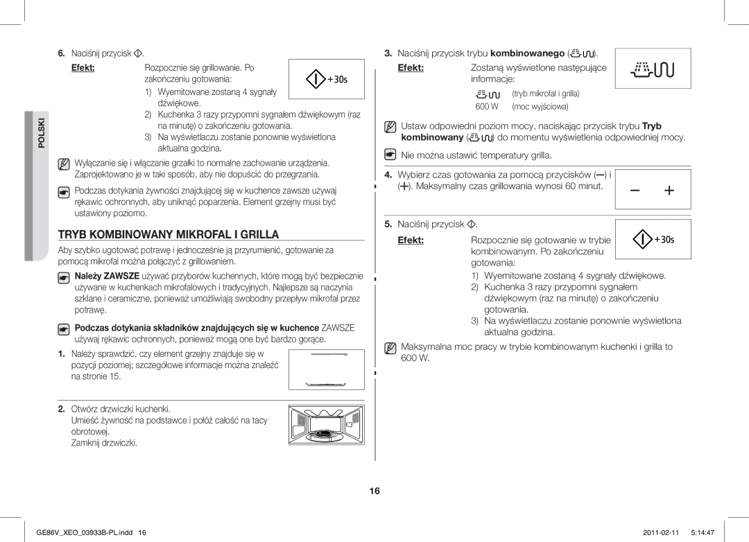 Samsung GE86V-BB/XEO, GE86V-SS/BOL, GE86V-SS/XEO manual Tryb Kombinowany Mikrofal I Grilla 