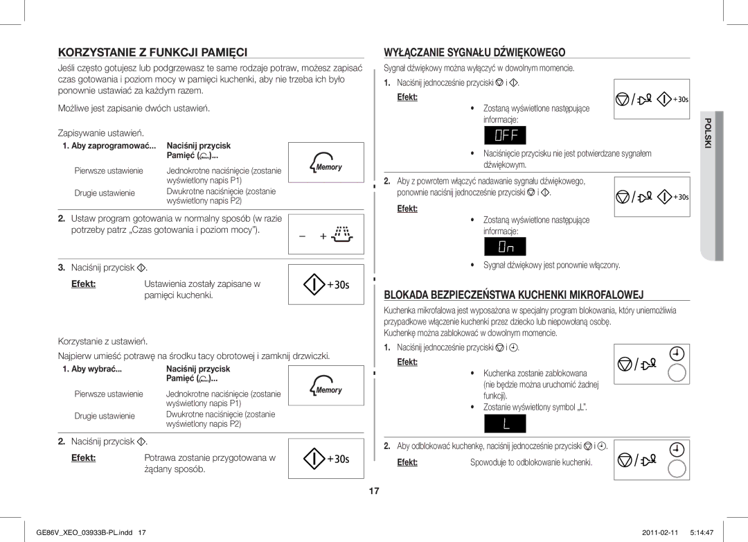 Samsung GE86V-SS/XEO Korzystanie Z Funkcji Pamięci, Wyłączanie Sygnału Dźwiękowego, Aby wybrać Naciśnij przycisk Pamięć 