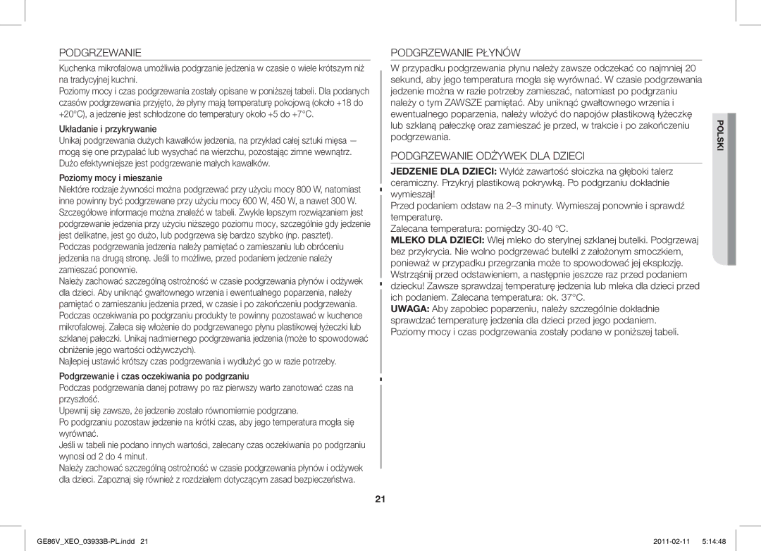 Samsung GE86V-SS/BOL, GE86V-BB/XEO manual Podgrzewanie Płynów, Podgrzewanie Odżywek DLA Dzieci, Układanie i przykrywanie 