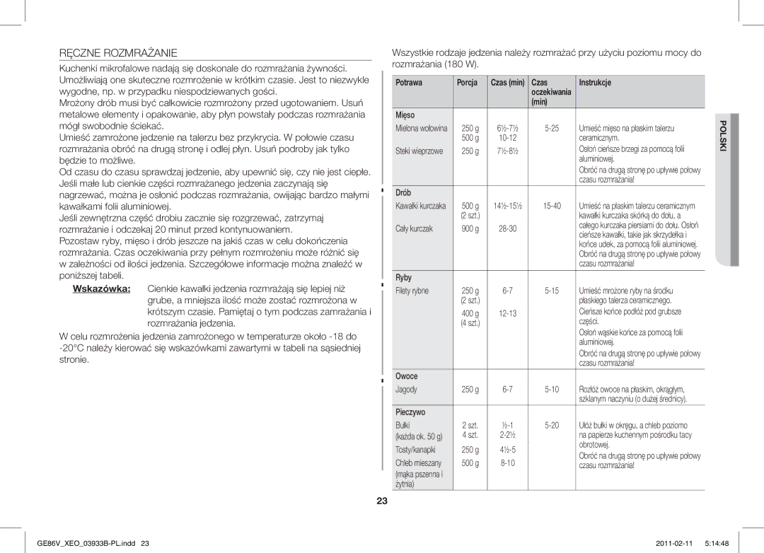 Samsung GE86V-SS/XEO, GE86V-SS/BOL, GE86V-BB/XEO manual Ręczne Rozmrażanie 