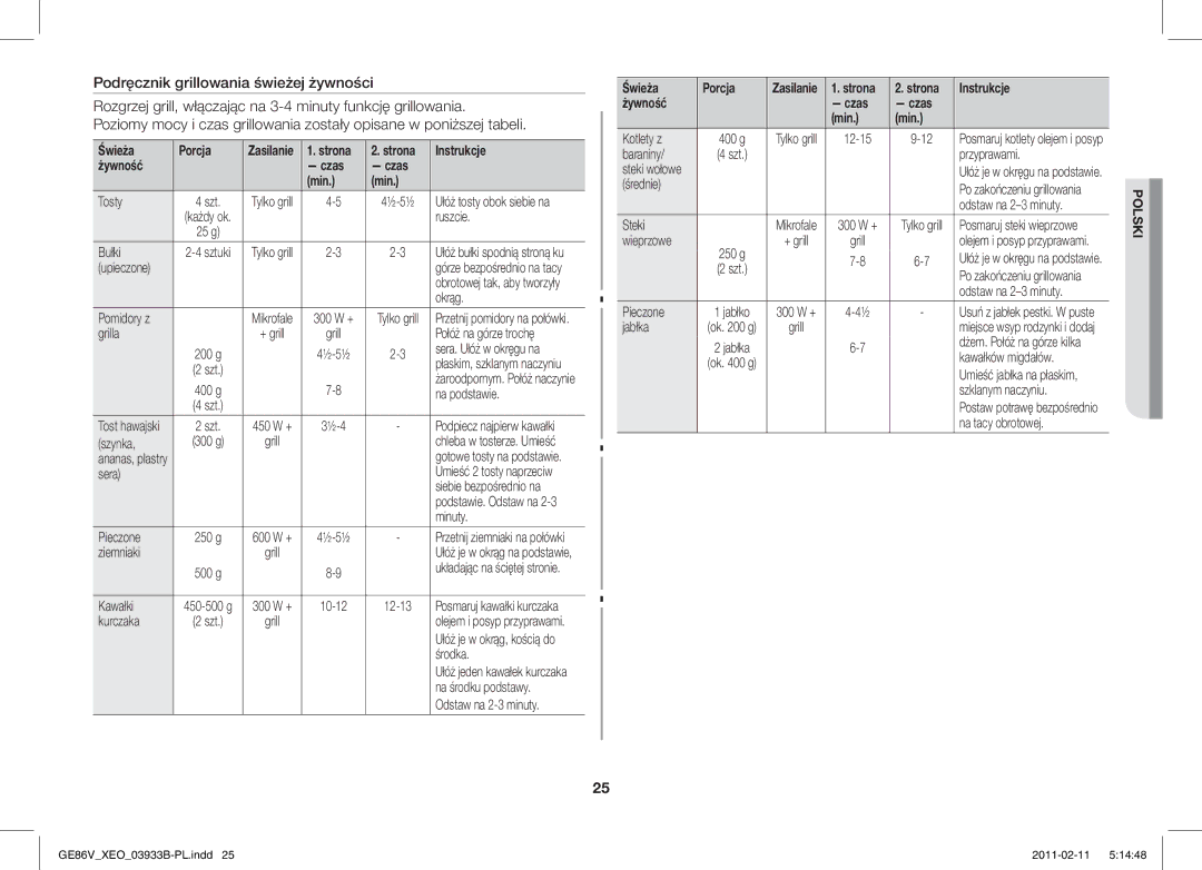 Samsung GE86V-BB/XEO, GE86V-SS/BOL, GE86V-SS/XEO manual Podręcznik grillowania świeżej żywności, Żywność Czas Min 