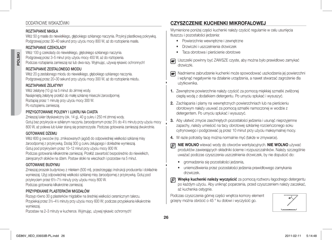 Samsung GE86V-SS/XEO Czyszczenie Kuchenki Mikrofalowej, Dodatkowe Wskazówki, Podczas gotowania kilkakrotnie zamieszaj 