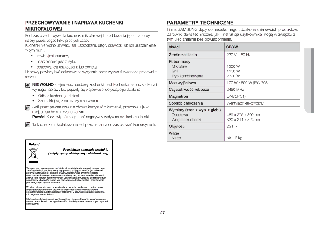 Samsung GE86V-SS/BOL, GE86V-BB/XEO manual Przechowywanie I Naprawa Kuchenki Mikrofalowej, Parametry Techniczne, Model 