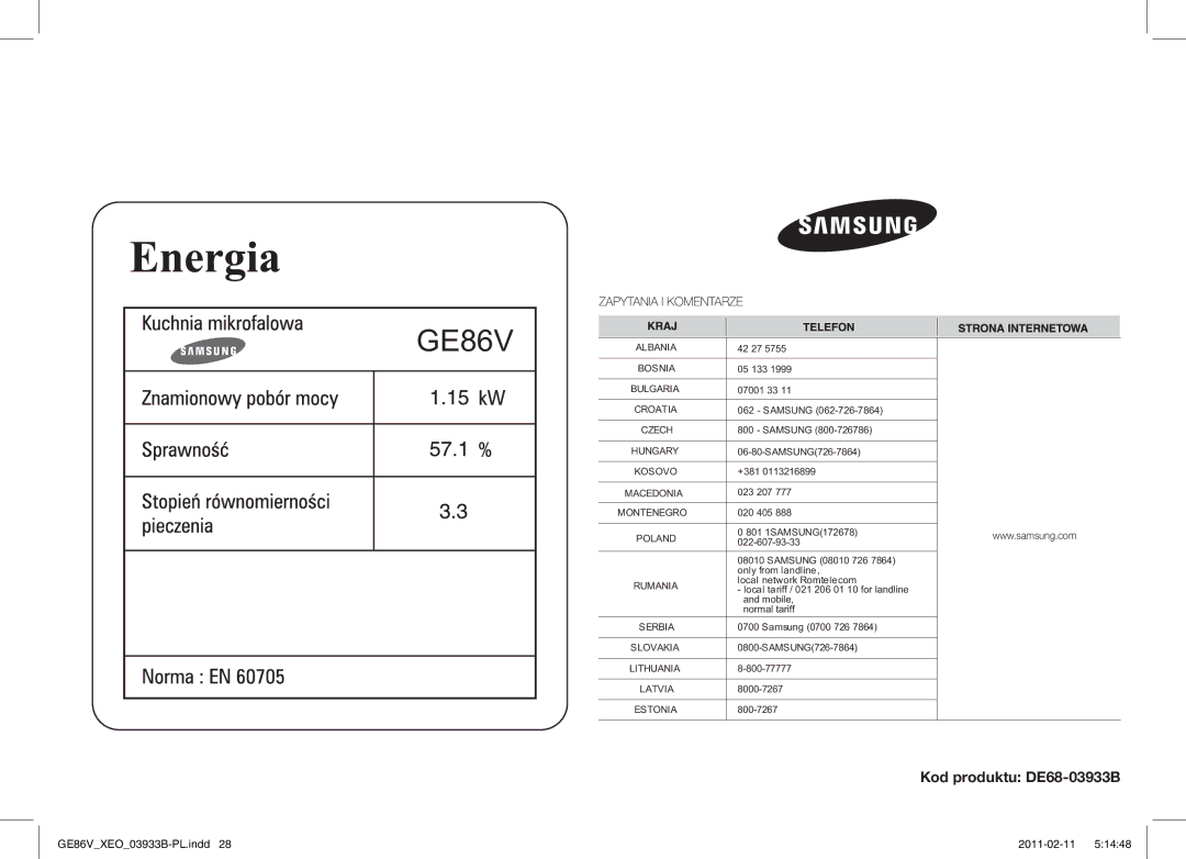 Samsung GE86V-BB/XEO, GE86V-SS/BOL, GE86V-SS/XEO manual Kod produktu DE68-03933B 