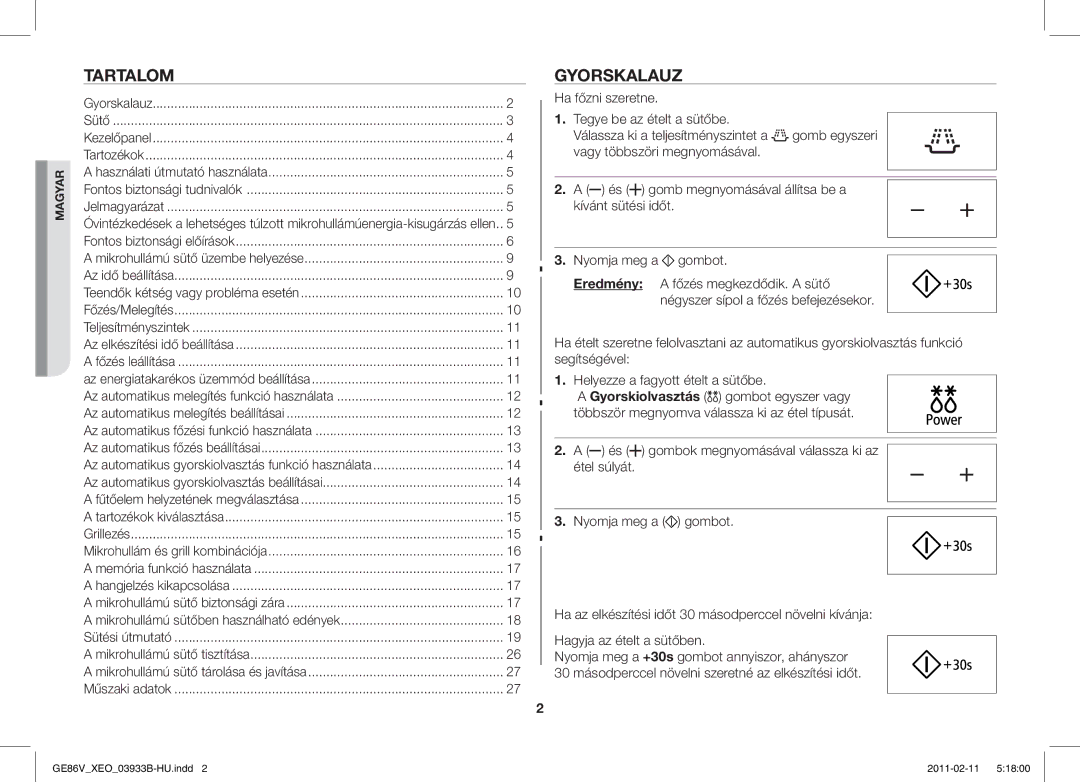 Samsung GE86V-SS/BOL, GE86V-BB/XEO, GE86V-SS/XEO manual Tartalom, Gyorskalauz 