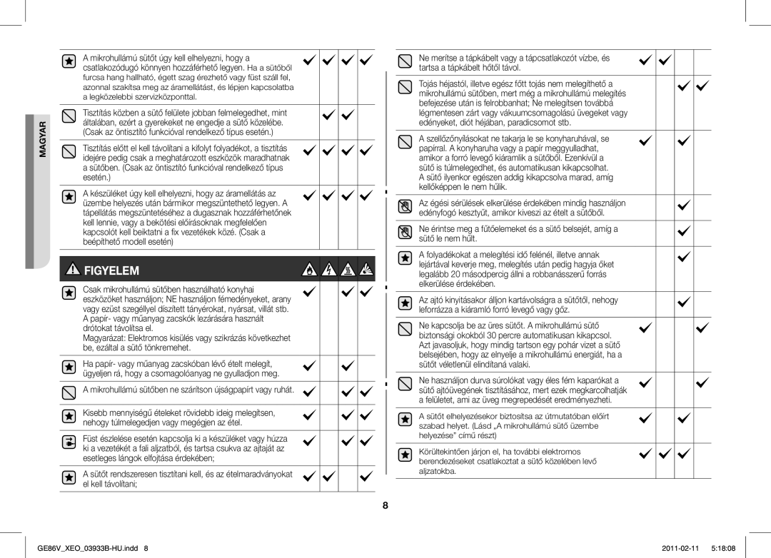 Samsung GE86V-SS/BOL, GE86V-BB/XEO, GE86V-SS/XEO manual Figyelem, Mikrohullámú sütőben ne szárítson újságpapírt vagy ruhát 