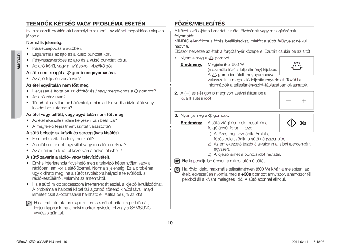 Samsung GE86V-SS/XEO, GE86V-SS/BOL, GE86V-BB/XEO manual Teendők Kétség Vagy Probléma Esetén, Főzés/Melegítés 