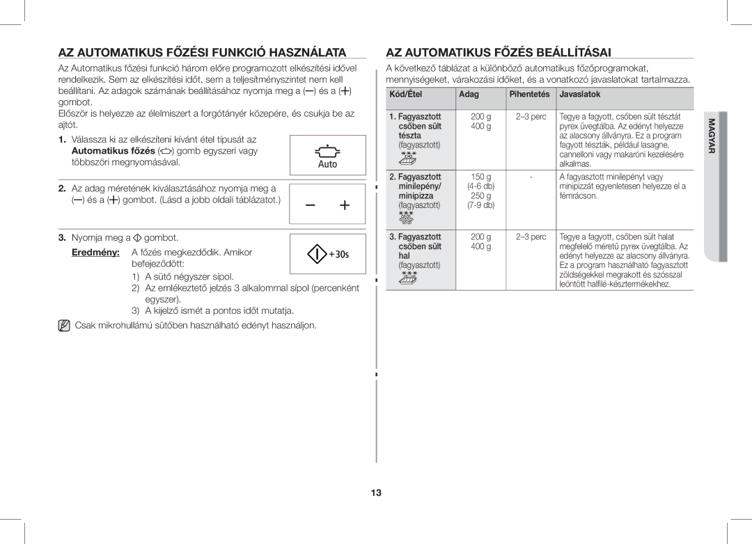 Samsung GE86V-SS/XEO, GE86V-SS/BOL, GE86V-BB/XEO AZ Automatikus Főzési Funkció Használata, AZ Automatikus Főzés Beállításai 