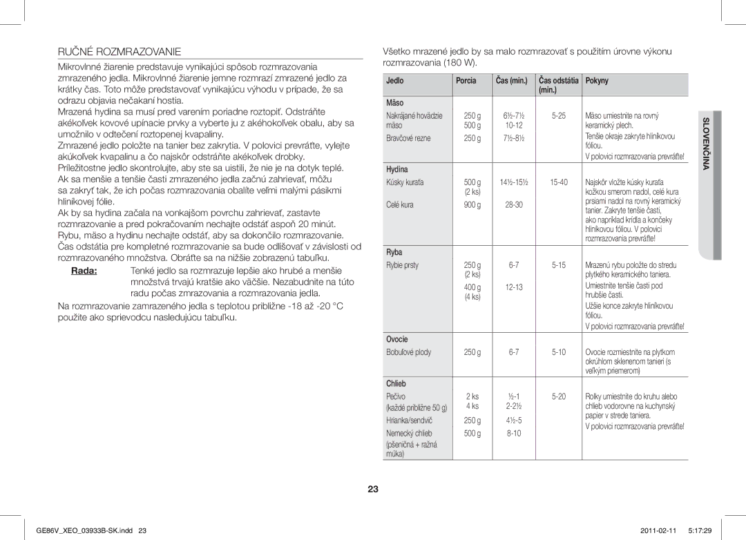 Samsung GE86V-BB/XEO, GE86V-SS/BOL, GE86V-SS/XEO manual Ručné Rozmrazovanie 