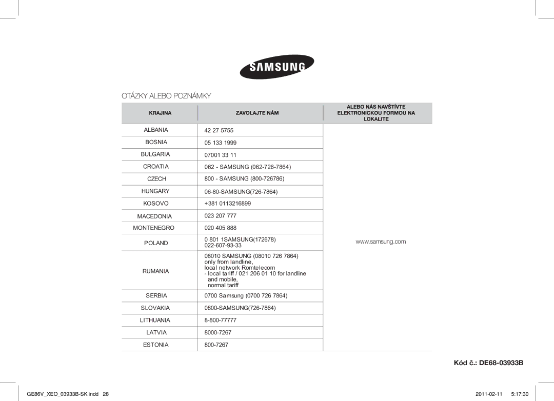 Samsung GE86V-SS/BOL, GE86V-BB/XEO, GE86V-SS/XEO manual Kód č. DE68-03933B, Kosovo 