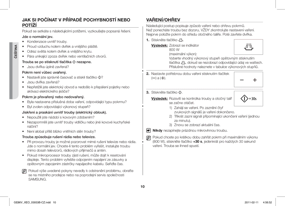 Samsung GE86V-BB/XEO, GE86V-SS/BOL, GE86V-SS/XEO manual JAK SI Počínat V Případě Pochybností Nebo Potíží, Vaření/Ohřev 