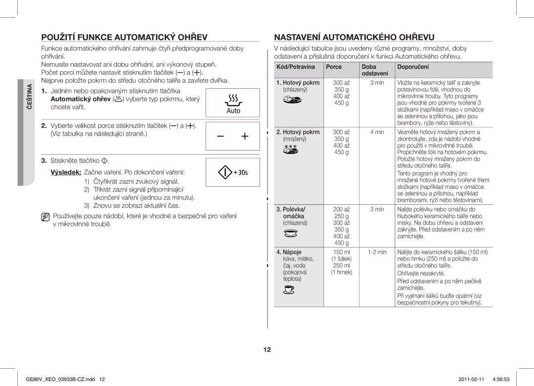 Samsung GE86V-SS/BOL, GE86V-BB/XEO, GE86V-SS/XEO manual Použití Funkce Automatický Ohřev, Nastavení Automatického Ohřevu 