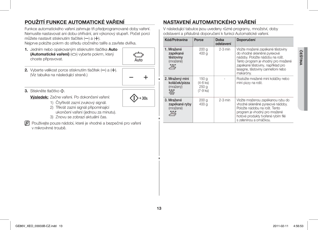 Samsung GE86V-BB/XEO, GE86V-SS/BOL, GE86V-SS/XEO manual Použití Funkce Automatické Vaření, Nastavení Automatického Vaření 