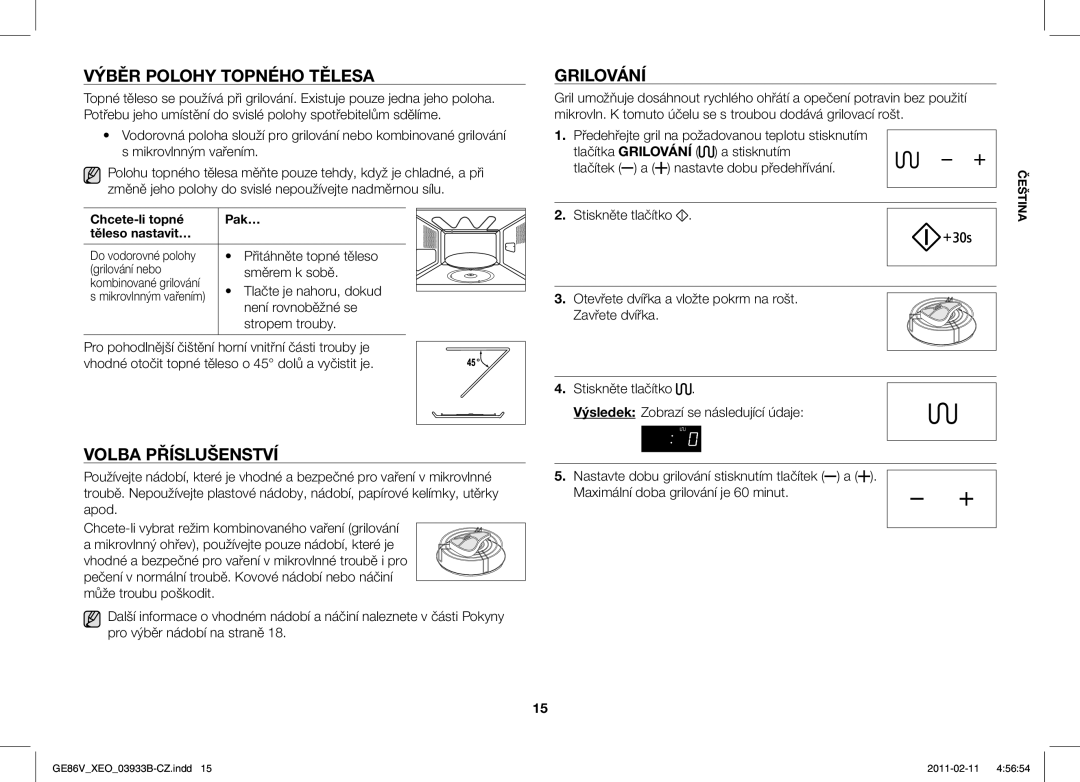 Samsung GE86V-SS/BOL, GE86V-BB/XEO, GE86V-SS/XEO manual Výběr Polohy Topného Tělesa, Volba Příslušenství, Grilování 