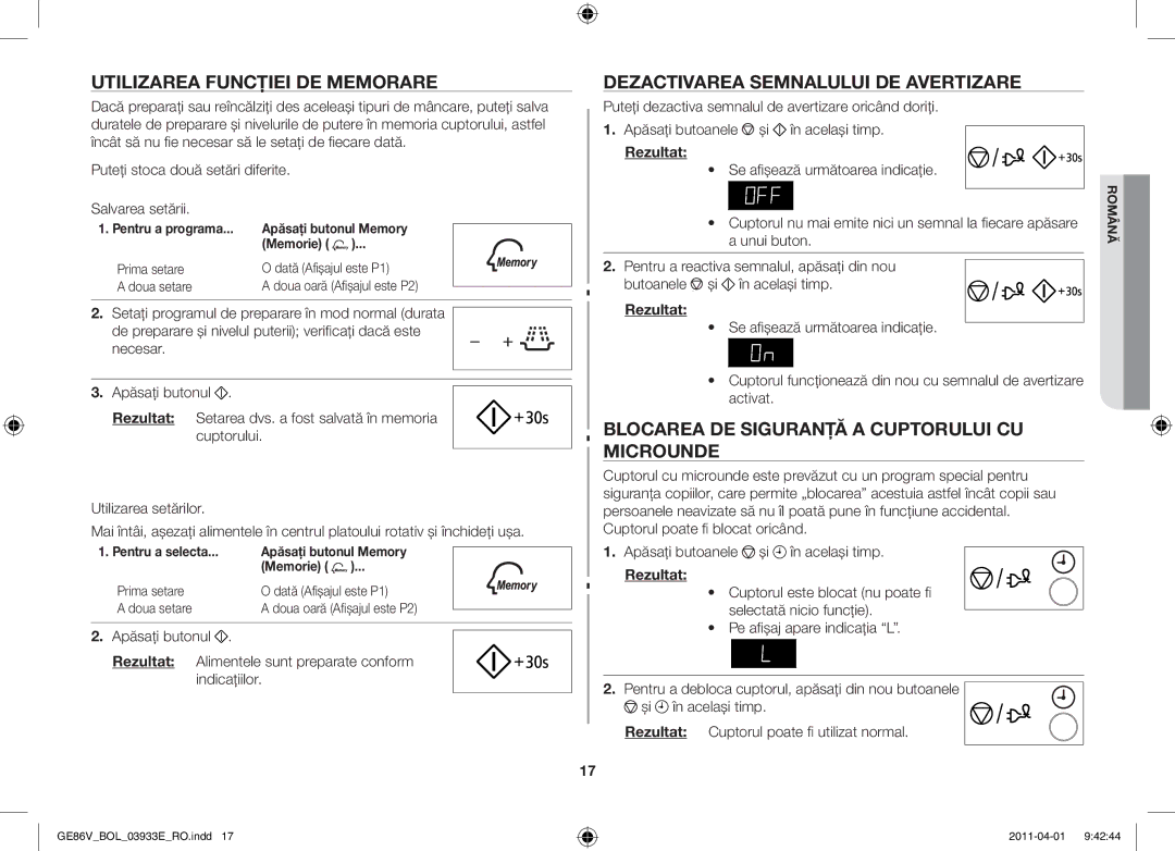 Samsung GE86V-SS/XEO, GE86V-SS/BOL, GE86V-WW/BOL Utilizarea funcţiei de memorare, Dezactivarea semnalului de avertizare 